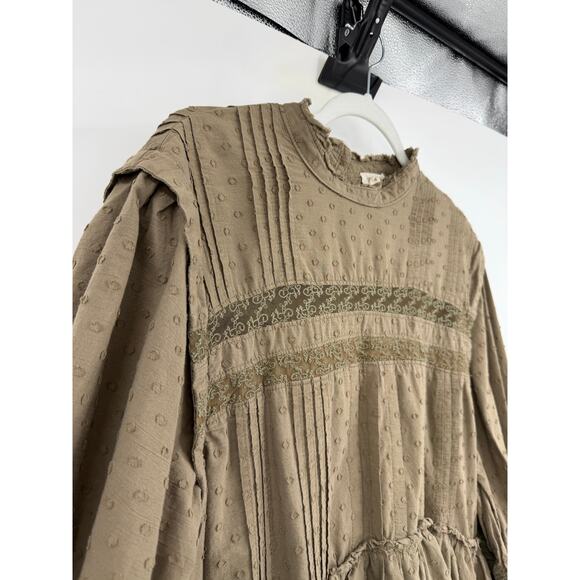 Pilcro Long Sleeve Mock Neck Swing Mini Dress Size L Rustic Olive Boho Eyelet - Picture 7 of 16